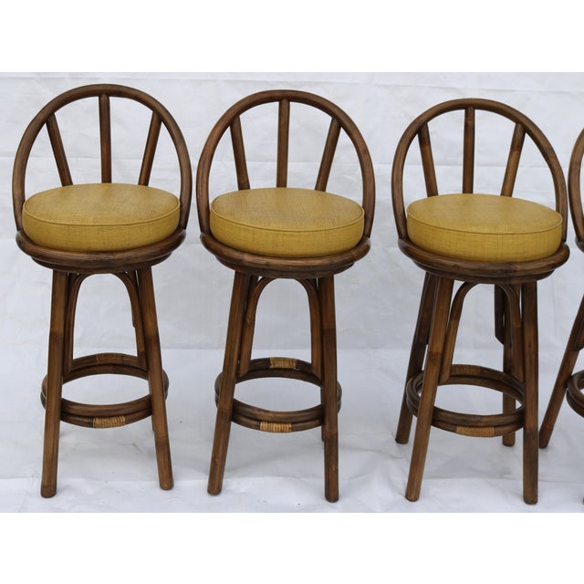 Mid Century Modern Bent Rattan Swivel Barstools With Back-Set of 4 For Sale - Image 4 of 12
