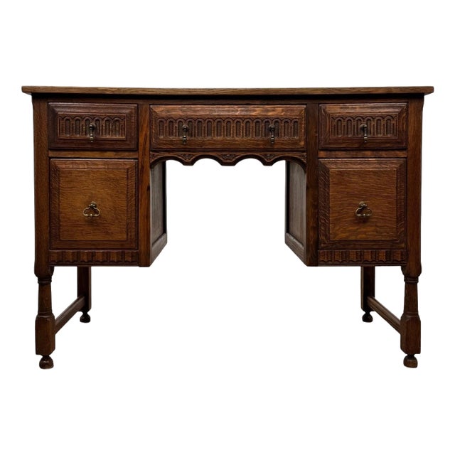 Antique English Edwardian Carved Oak Desk, 1910 For Sale