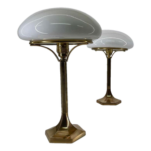 Pair Vintage Art Deco Mushroom Shape Table Lamp Brass & Milk Glass Shade