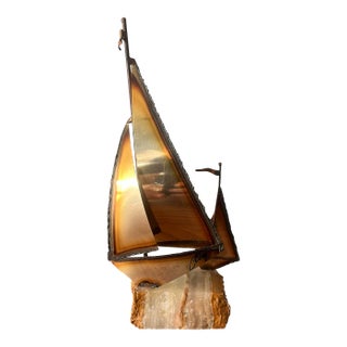1970s Vintage Brutalist Brass Sailboat Sculpture on Onyx Base Signed-Mario Jason For Sale
