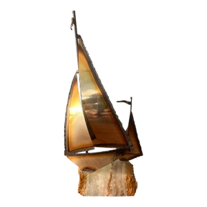 1970s Vintage Brutalist Brass Sailboat Sculpture on Onyx Base Signed-Mario Jason
