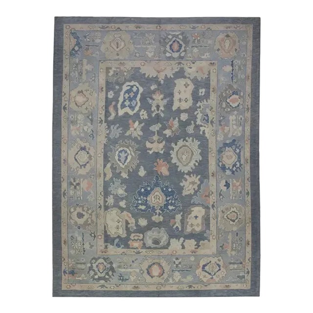 Turkish Oushak Rug Blue & Cream Floral Handwoven Wool Rug 9'5" X 12'6" For Sale