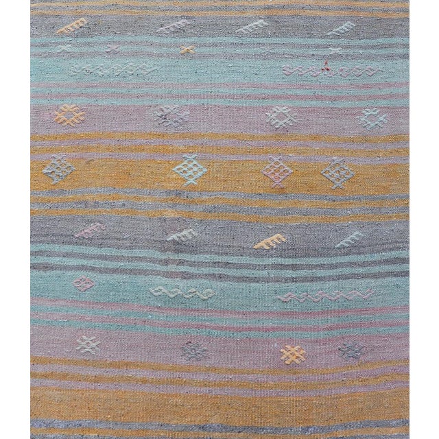 Vintage Turkish Kilim Runner With Blue, Orange, and Soft Lavender Stripes For Sale In Atlanta - Image 6 of 11