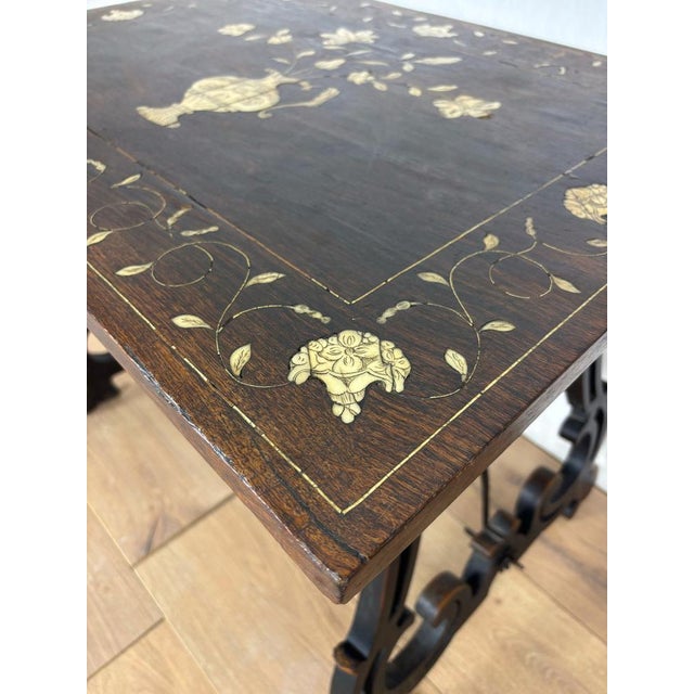 Spanish Baroque Style Side Table with Floral Marquetry Top and Ebonized Base, 1930 For Sale - Image 14 of 15