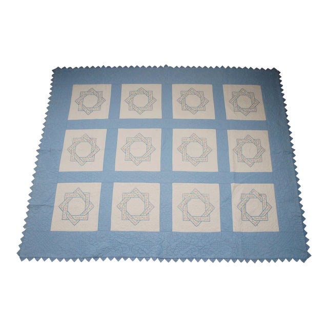 Antique Folk Art Stitched Woven Floral Labyrinth Star Sawtooth Quilt Blanket For Sale