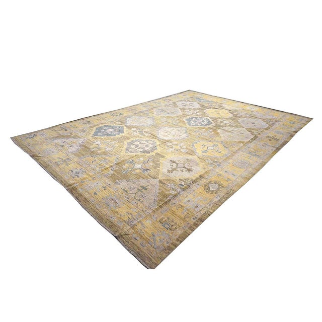 Turkish 21st Century Turkish Oushak Wool 11x17 Taupe, Yellow & Blue Handmade Area Rug #1144079 For Sale - Image 3 of 13