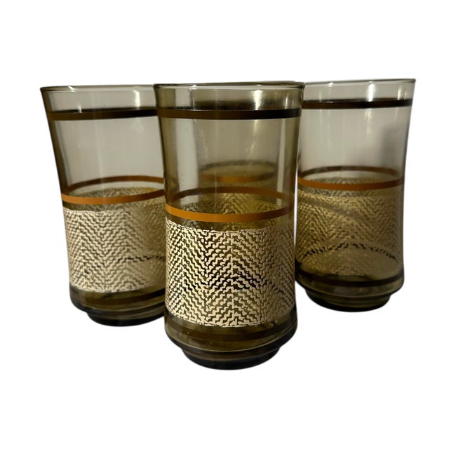 Mid-Century Modern Vintage Libbey Bolero Woodhue Smoke Brown Stripe Tweed Tumblers - A Set of 4 For Sale - Image 3 of 12