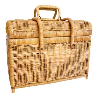 Late 20th Century Lidded Wicker Picnic Basket With Handles For Sale