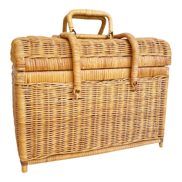 Late 20th Century Lidded Wicker Picnic Basket With Handles For Sale
