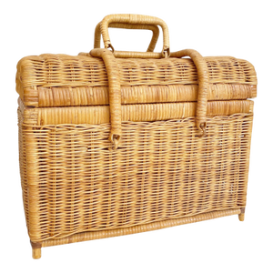 Late 20th Century Lidded Wicker Picnic Basket With Handles