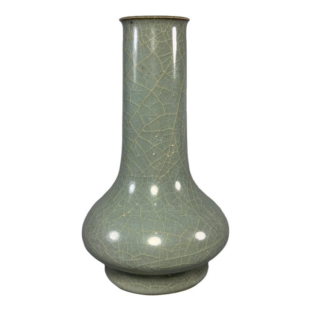 Antique Chinese Celadon Long‑Neck Crackle‑Glaze Vase, Collectible Antique For Sale