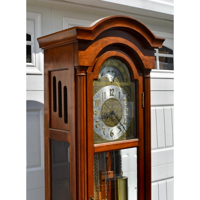 Vintage Daneker Grandfather Clock Cherry Moon Phase Chime Beveled Glass For Sale - Image 10 of 18