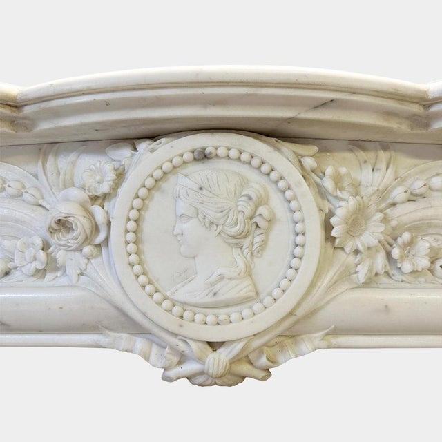 Louis XIV French Statuary White Marble Fireplace Mantel, 1850s For Sale - Image 11 of 15