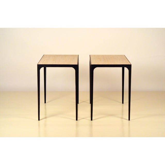 Metal Esquisse' Grooved Ivory Travertine Side Tables by Design Frères - A Pair For Sale - Image 7 of 13