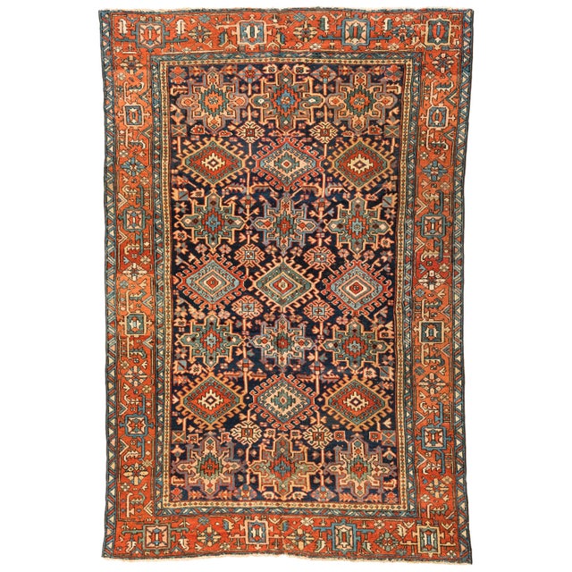 1920s 1920s Persian Red Green Navy Geometric Tribal Karaja Rug For Sale - Image 5 of 5