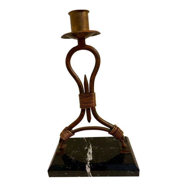 1970s Mid-Century Modern Italian Brutalist Brass Wire & Marble Candlestick Holder by Sarreid Ltd. For Sale