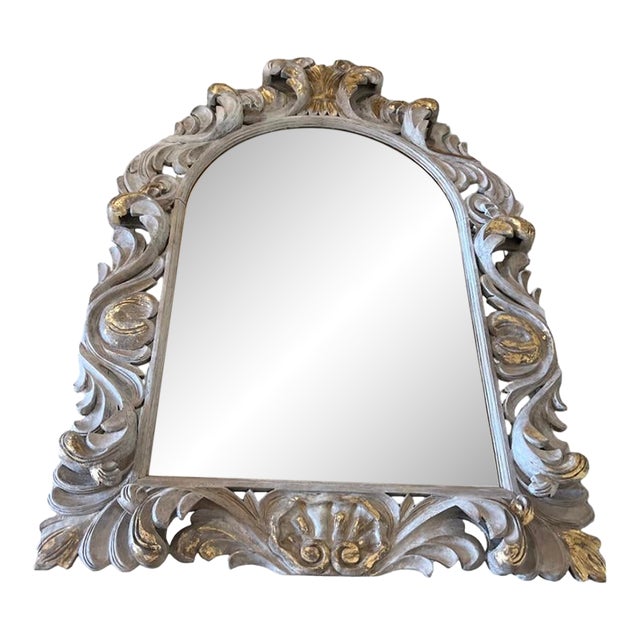 Antique Italian Carved Old White Wood Florentine Mirror For Sale