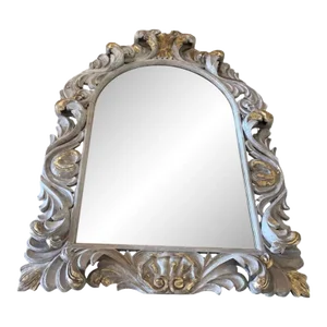 Antique Italian Carved Old White Wood Florentine Mirror