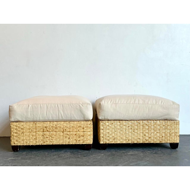 Tan Vintage McGuire Woven Rattan Ottomans - A Pair For Sale - Image 8 of 12
