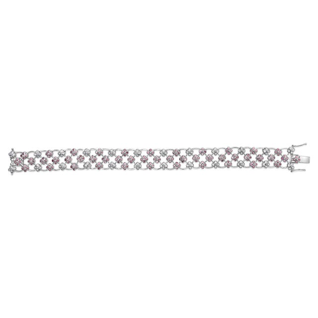 Contemporary 14K White Gold Pink Sapphire and Diamond Floral Lattice Link Bracelet - 7.25" Inches For Sale - Image 3 of 5