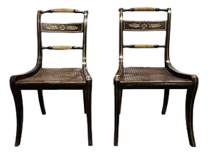 Regency Wood and Parcel-Gilt Side Chairs with Cane Seats and Loose Cushions, Set of 2