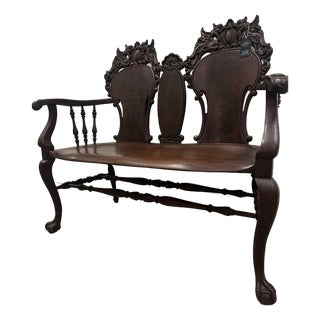 Antique Victorian Mahogany Griffin-Carved Settee – Circa 1890–1910 For Sale