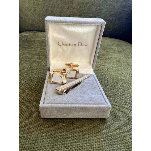 Rare Vintage Christian Dior Gold Plate Cufflinks & Tie Clip Original Case For Sale - Image 9 of 12