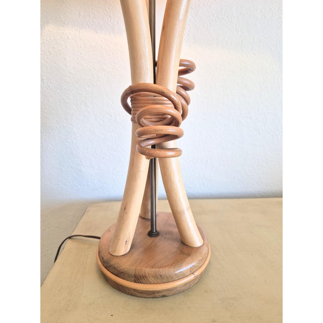 Vintage Mid Century Boho Chic Rattan Lamp With Rawhide Whipstitch Shade 1940's Large Cabin Old Florida Cottage Boho For Sale - Image 4 of 11