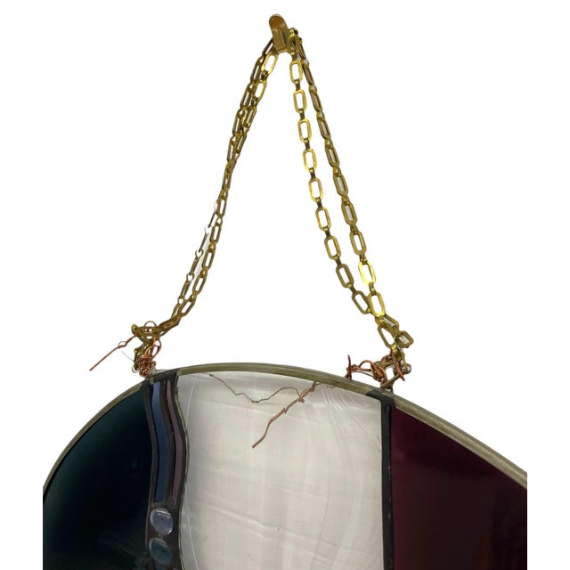 Blue Vintage Signed Stained Glass Round Panel With Abalone Shell, Hanging Wall Art Suncatcher For Sale - Image 8 of 12