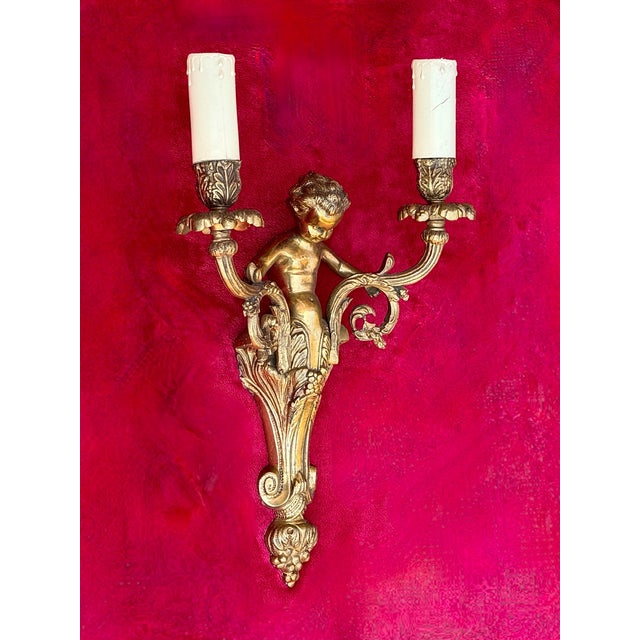 French Louis XV Style Gilt Bronze Cherub Wall Sconces, 1930, Set of 2 For Sale - Image 10 of 18