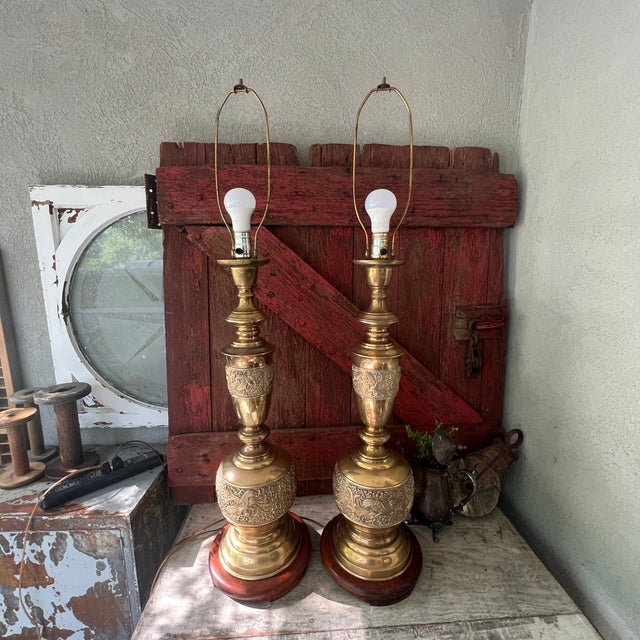 Vintage James Mont Style Brass Table Lamps With Wood Bases - Pair For Sale - Image 13 of 18