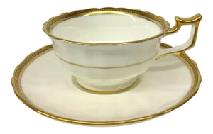 1980s Art Nouveau Cauldon England Gold Leaf on Porcelain Tea Cup and Saucer