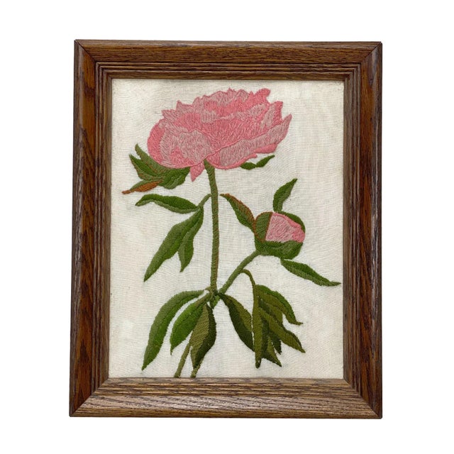 Mid-Century Modern Crewel Embroidery Stitched Pink Rose Floral Art Wall Hanging For Sale - Image 11 of 11