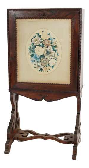 Victorian Rosewood Drop Front Desk with Inset Floral Print & Scroll Legs Circa 1870