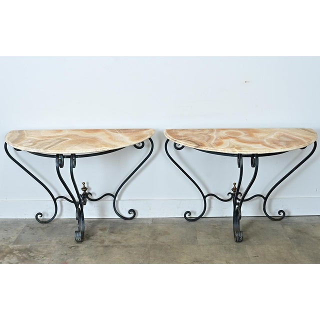 Metal Early 20th Century French Pair of Onyx & Iron Demilune Consoles For Sale - Image 7 of 13
