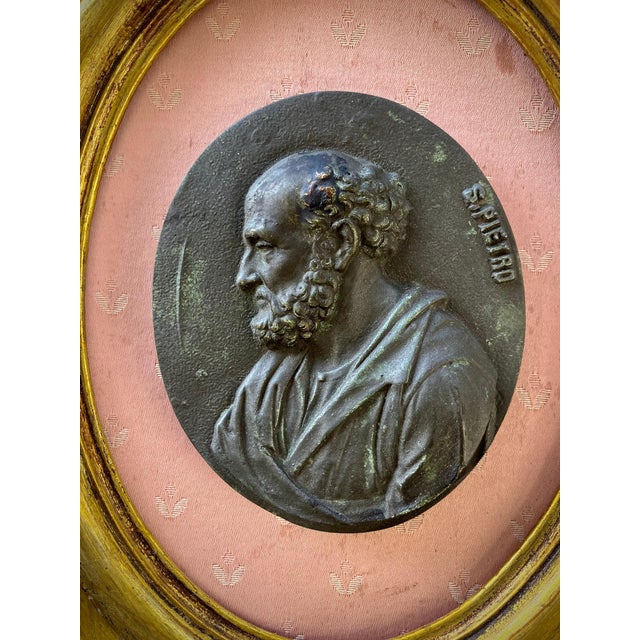 Gesso Medallions of Saints Peter and Paul in Gilded Oval Frames with Silk Panels, 1890s For Sale - Image 18 of 18