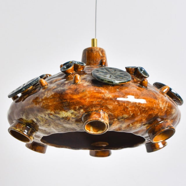Ceramic Ceramic Cognac Blue Ceramic Pendant Light, Denmark, 1970 For Sale - Image 7 of 16