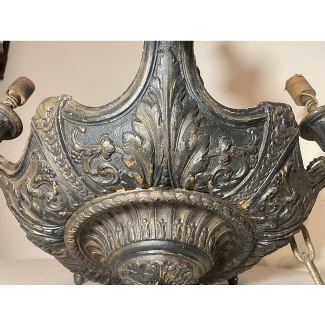 Antique Ornate Neoclassical Heavy Cast Iron 5 Arm Hanging Fixture Chandelier For Sale - Image 11 of 18