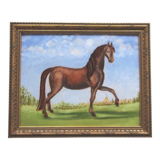 Horse With Landscape English Traditional Folk Art, Realism Brown, Blue, Green Original Oil Painting by Cleo Plowden For Sale