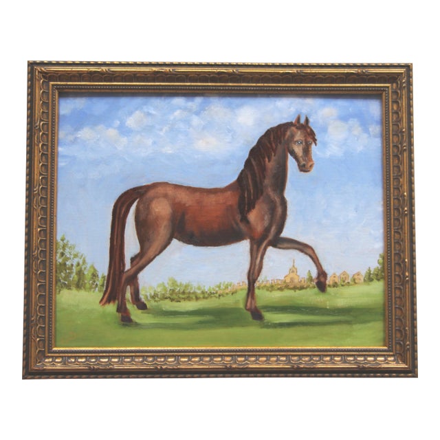 Horse With Landscape English Traditional Folk Art, Realism Brown, Blue, Green Original Oil Painting by Cleo Plowden For Sale