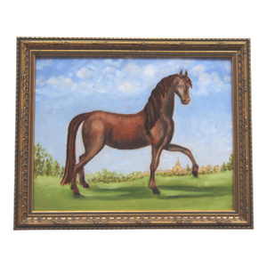 Horse With Landscape English Traditional Folk Art, Realism Brown, Blue, Green Original Oil Painting by Cleo Plowden