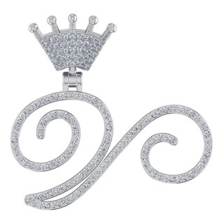 10K White Gold Round Diamond Crown V Letter Initial Pendant 1/4 Cttw For Sale