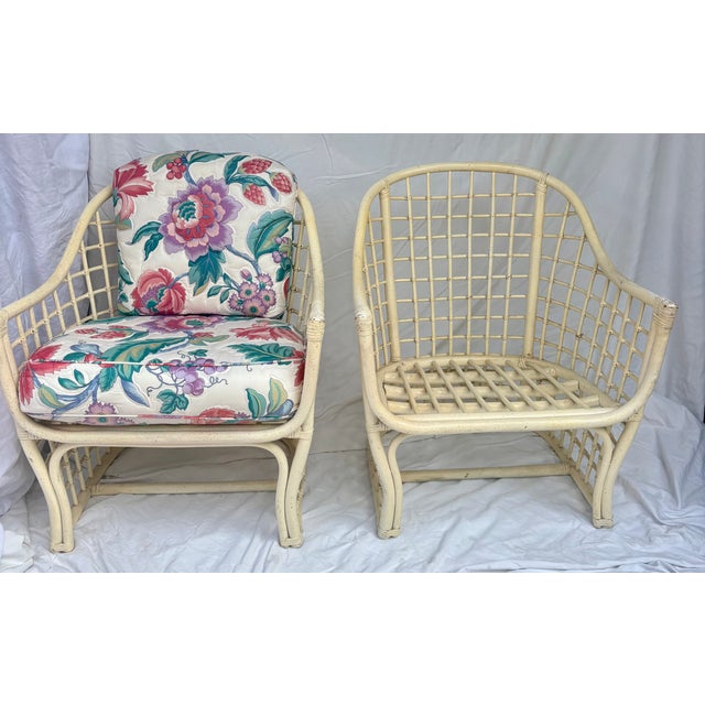 1980's Rattan Lattice Barrel Lounge Chairs With Chinoiserie Cushions in the Style of Ficks Reed a Pair For Sale In Palm Springs - Image 6 of 16