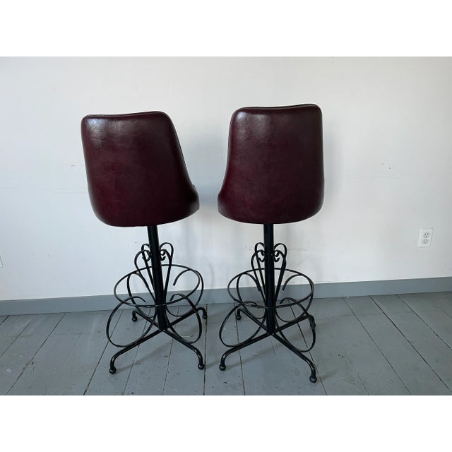 1960s Spanish Revival Barstools Cushy Brown Bucket Chairs With an Iron Scrolled Base - Set of 2 For Sale - Image 9 of 13