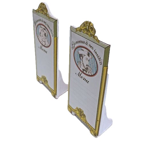Pair of vintage French ceramic menu sculptures. Female menu marked "Honneur a nos invitées, Menu" on the front side and...