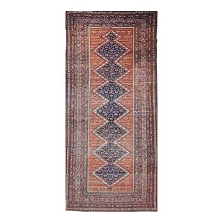 Vintage Persian Malayer Gallery Rug, Hand-Knotted Wool, Geometric Pattern, 7x17, Blue & Brick Red For Sale