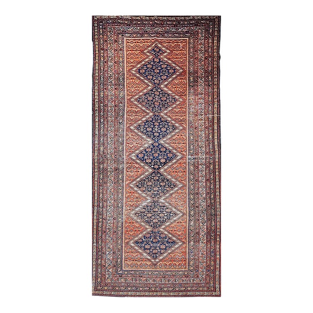 Vintage Persian Malayer Gallery Rug, Hand-Knotted Wool, Geometric Pattern, 7x17, Blue & Brick Red For Sale