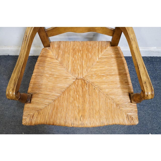 Brown High End Vintage Solid Rubberwood Country French Ladderback Dining Arm Chair W. Rush Seat For Sale - Image 8 of 10