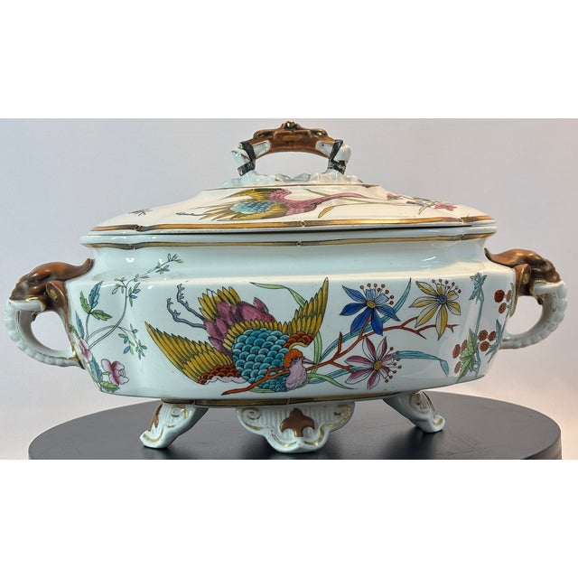 Ceramic Rare Antique Royal Worcester Hand Painted Chinoiserie Porcelain Tureen, Elaborate Elephant Molded Handles & Dragon Head With Chicken Feet Lid Handle For Sale - Image 7 of 15