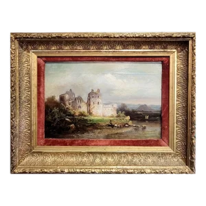 Father & Son Fishing the River by the Old Castle-19th Century Oil Painting